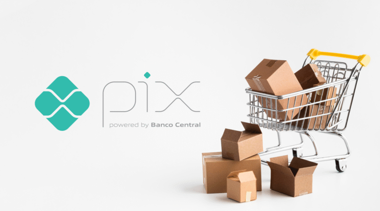 Logotipo do pix e ao lado um carrinho de compras com caixas de papelão